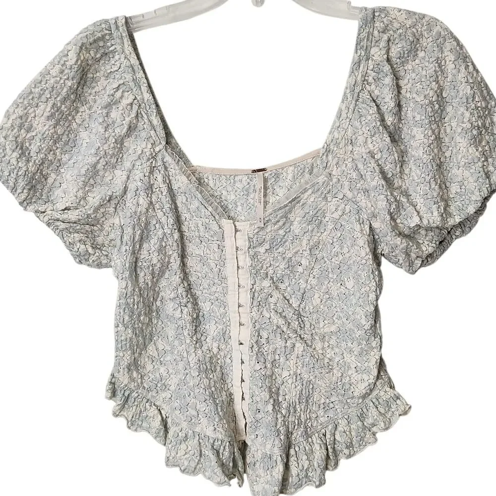 Free People Corset Top Medium Puff Sleeve Ruffle Romantic Feminine Boho Coquette